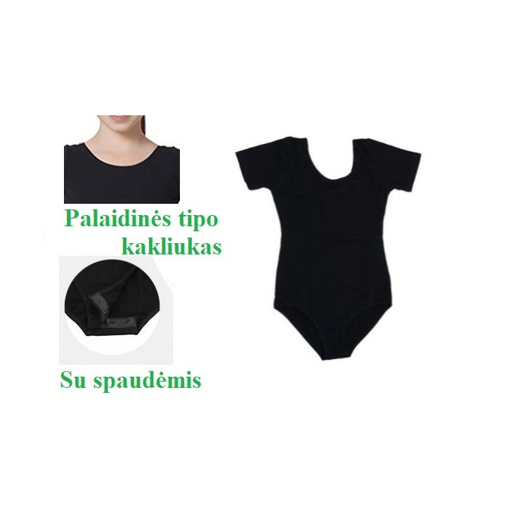 Juodas, palaidinės tipo kakliuku triko, trumpomis rankovėmis, su užsegimu