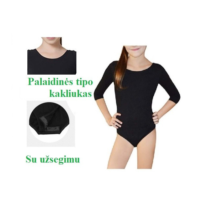 Juodas, palaidinės tipo kakliuku triko, 3/4 rankovėmis, su užsegimu