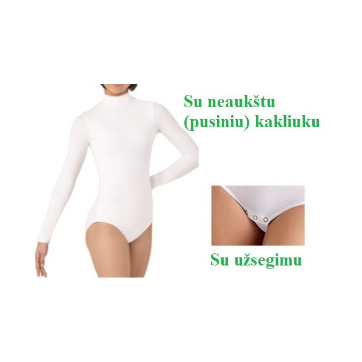 Baltas triko pusiniu kakliuku, ilgomis rankovėmis, su užsegimu