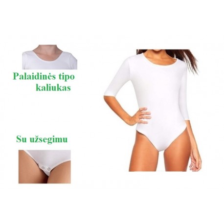 Baltas, palaidinės tipo kakliuku triko, 3/4 rankovėmis, su užsegimu