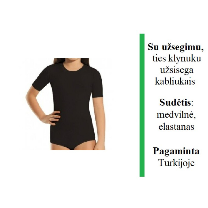 Juodas triko, trumpomis rankovėmis, užsisega kabliukais