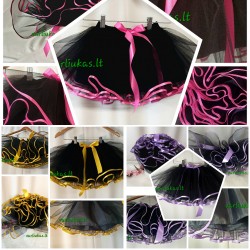 Juodas tiulio sijonėlis puoštas spalvota atlasine juostele