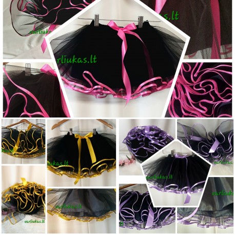 Juodas tiulio sijonėlis puoštas spalvota atlasine juostele